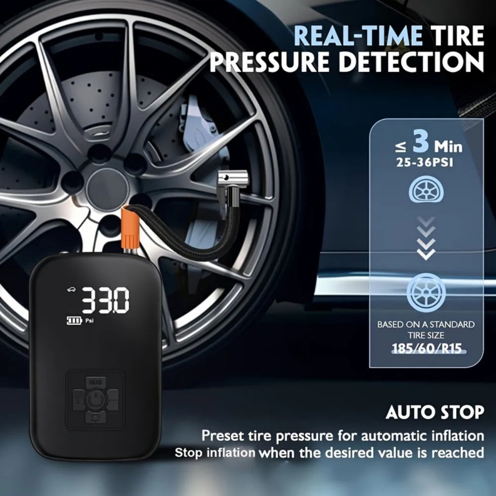 Portable Electric Tyre Inflator Pump with Digital Display – 3600mAh Rechargeable Air Compressor for Car, Bike, Kayak & Pool (100W, Auto Stop, USB Charging)