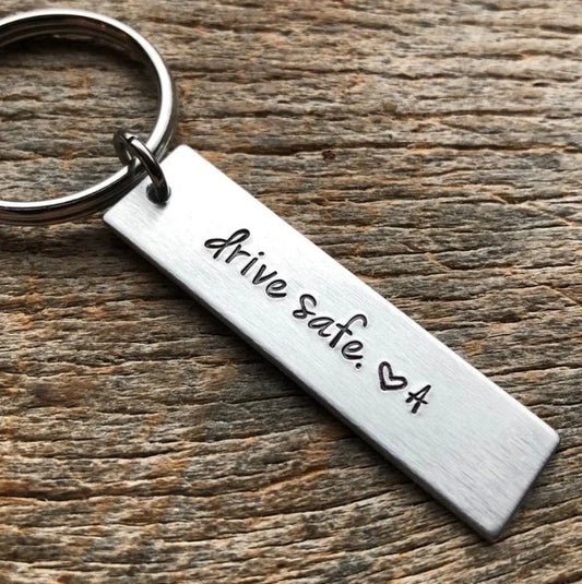 “Drive Safe” Stainless Steel Keychain – Personalized with Initial (A–Z)