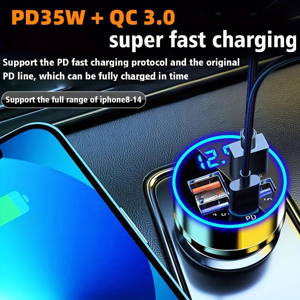 35W PD + QC 3.0 Car Charger – 4-Port USB Fast Charging Adapter with LED Display