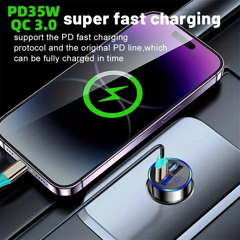 35W PD + QC 3.0 Car Charger – 4-Port USB Fast Charging Adapter with LED Display
