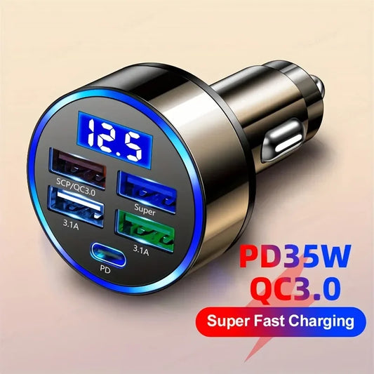 35W PD + QC 3.0 Car Charger – 4-Port USB Fast Charging Adapter with LED Display